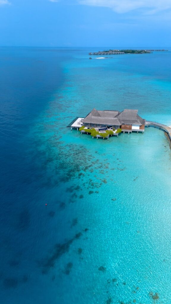 Lush tropical setting in Maldives featuring a building surrounded by crystal blue waters, ideal for travel inspiration.